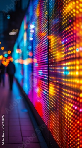 Colorful light display illuminates a city street at night