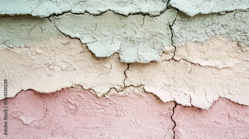 Cracked pastel wall texture with horizontal stripes of pink, beige, and mint green. Cracked pastel wall texture with horizontal stripes of pink, beige, and mint green.
