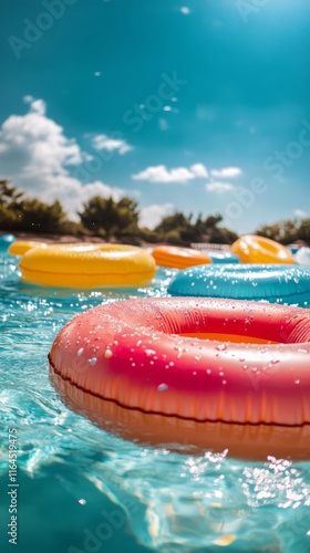 Colorful pool floats rest on a sunny day at a leisure area surrounded by trees