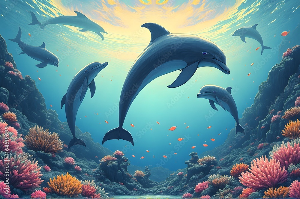 Obraz premium Dolphins Diving in Ethereal Underwater Light Rays
