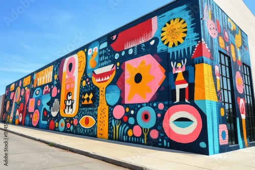 Colorful mural on urban building showcasing vibrant geometric designs and pla...