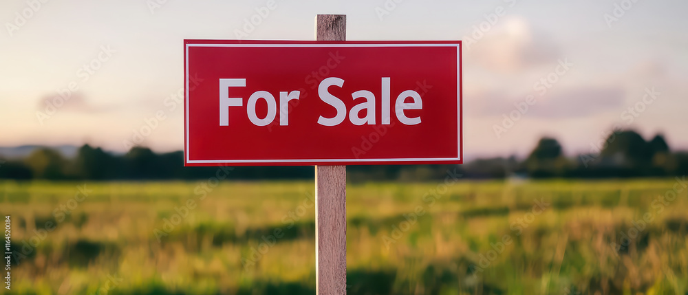 Land sales concept. For sale sign in field with scenic background Land sales concept. For sale sign in field with scenic background