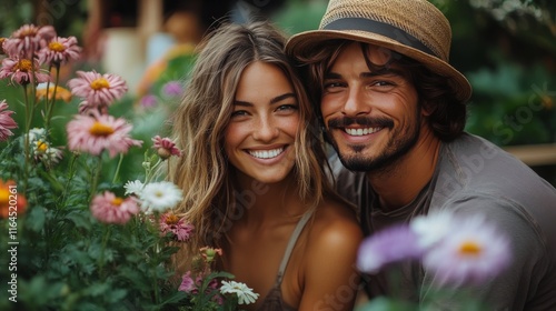 Young couple enjoying a sunny day in a flower garden surrounded by blooming daisies and vibrant greenery