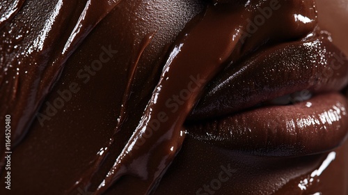 Woman's lips are painted with chocolate. Concept of indulgence and luxury, as the chocolate lip color is a popular and expensive beauty product. The woman's lips are the focal point of the image photo