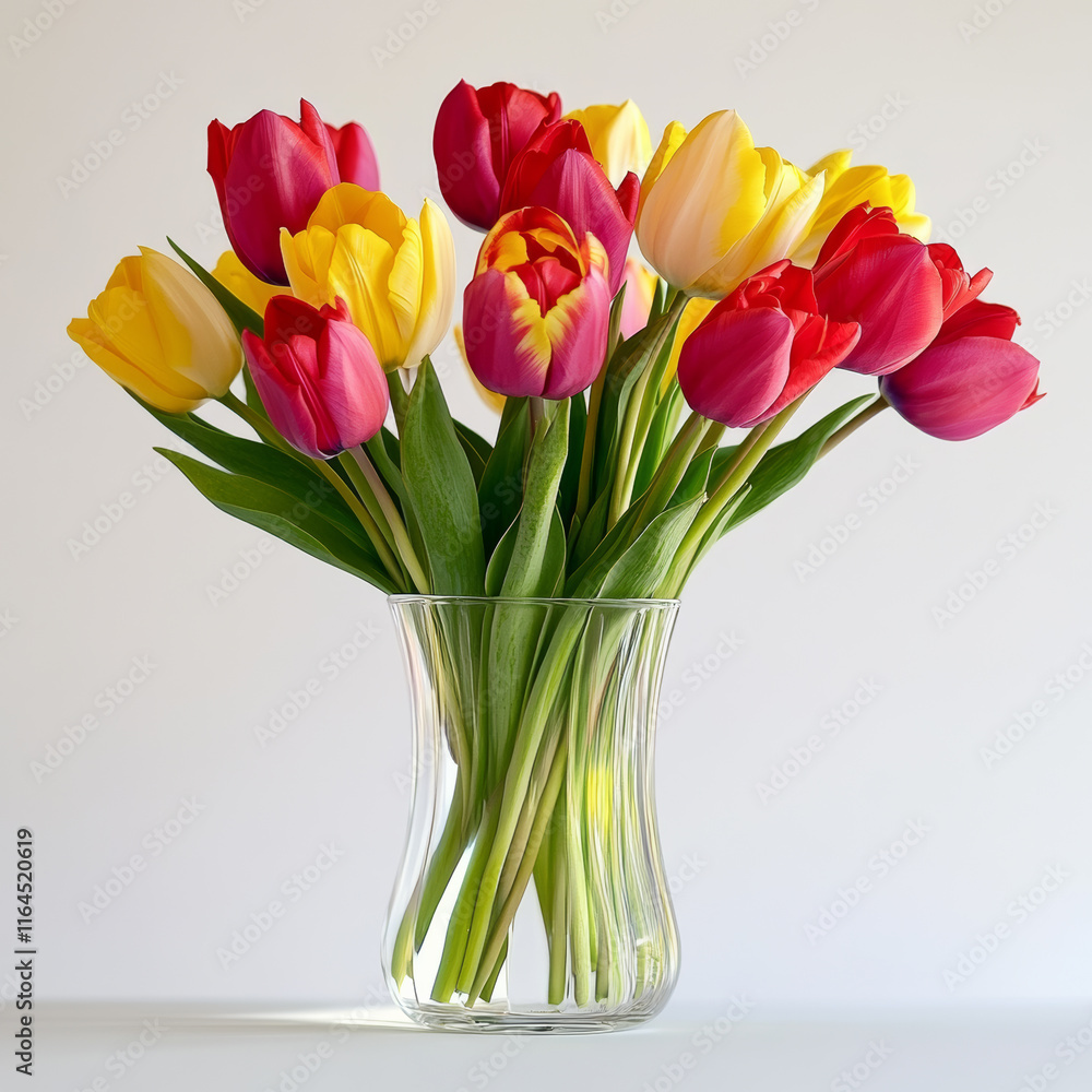 A detailed tulip bouquet in a glass vase with vibrant colors on a white background. A detailed tulip bouquet in a glass vase with vibrant colors on a white background.
