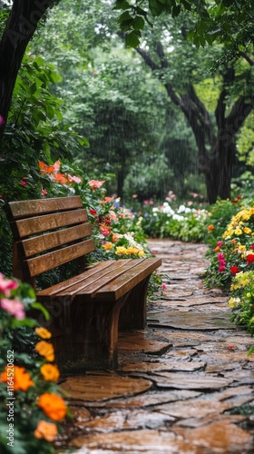 Serenity of a garden trail featuring a wooden bench surrounded by vibrant flo...