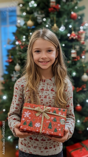 Smiling girl holds wrapped holiday gift in front of Christmas tree decorated ...