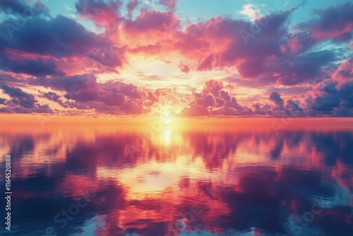 Vibrant sunset over calm ocean reflecting colorful clouds at twilight