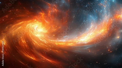 Colorful cosmic swirl with vibrant hues of orange, blue, and gold in a galact...