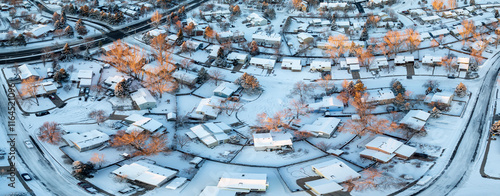 winter sunrise over residential area of Fort Collins in northern Colorado, aerial panorama view photo