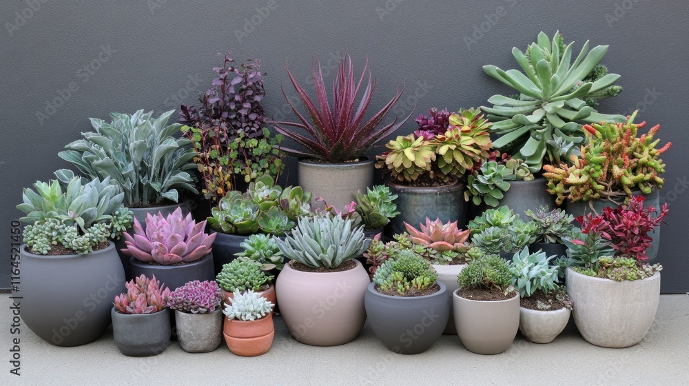 Collection of succulents in various pots against a gray wall. Collection of succulents in various pots against a gray wall.