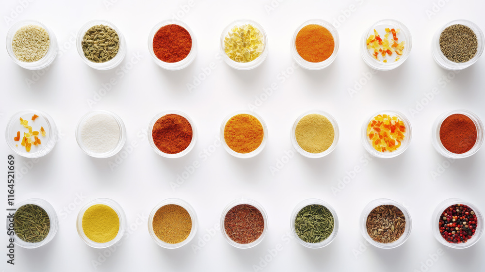Artistic arrangement of labeled spice jars on white background, ideal for gourmet cooking visuals. Artistic arrangement of labeled spice jars on white background, ideal for gourmet cooking visuals.