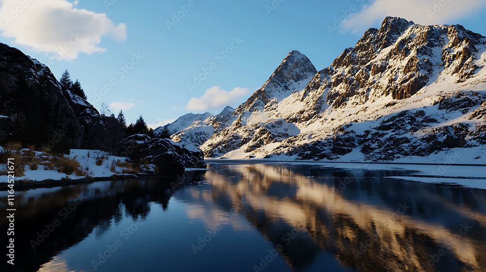Fototapeta premium A beautiful mountain range with a calm lake in the foreground. generated using AI