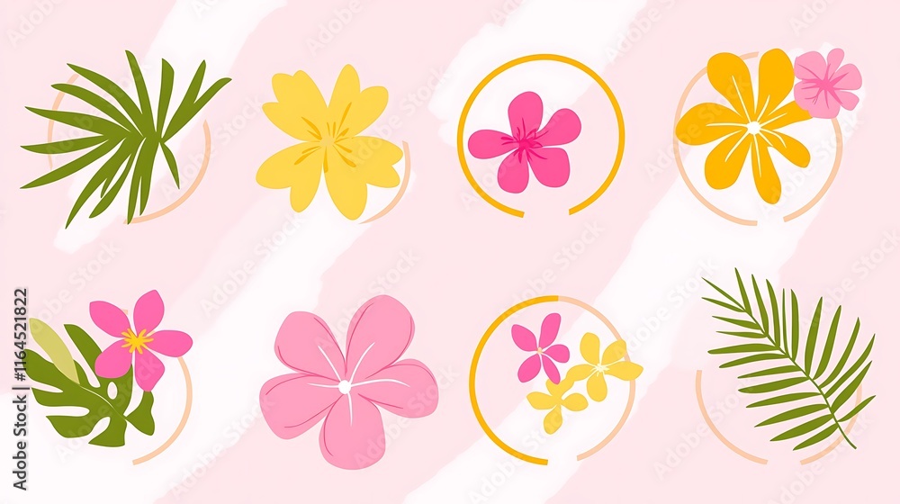 Obraz premium Tropical Flowers and Palm Leaves Design Illustration