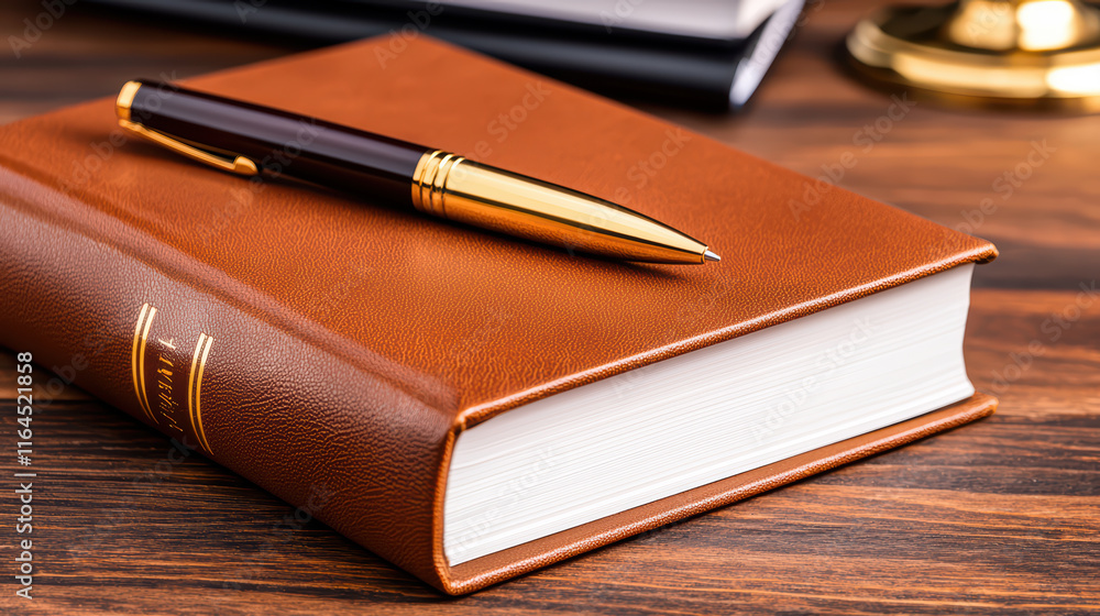 leather book with gold pen on wooden desk leather book with gold pen on wooden desk