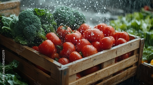 Freshly harvested tomatoes and broccoli receive water spray in a farmer's mar...