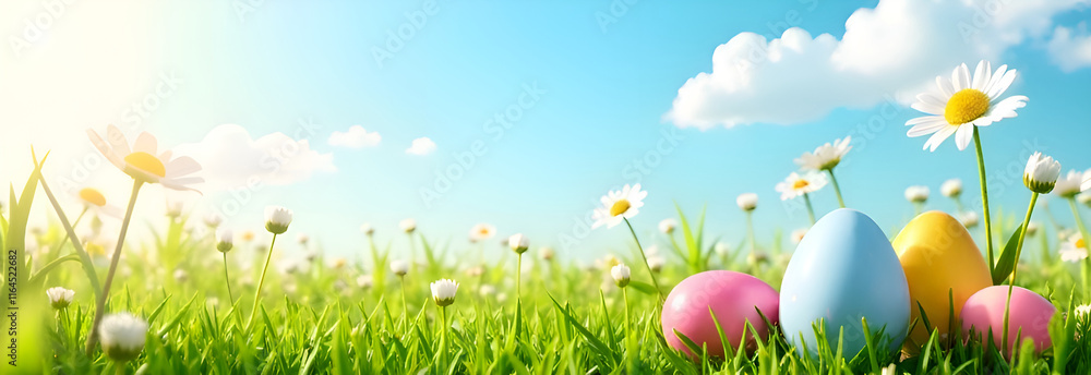 Vibrant Easter eggs rest in lush green grass, surrounded by cheerful daisies under a bright blue sky