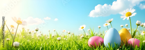 Obraz na płótnie Vibrant Easter eggs rest in lush green grass, surrounded by cheerful daisies under a bright blue sky w salonie