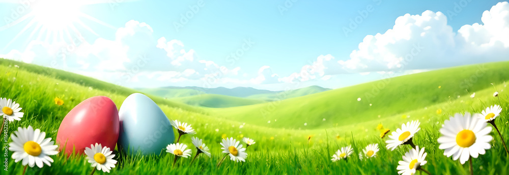 Vibrant Easter eggs rest in lush green grass, surrounded by cheerful daisies under a bright blue sky
