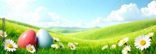 Obraz na płótnie Vibrant Easter eggs rest in lush green grass, surrounded by cheerful daisies under a bright blue sky w salonie