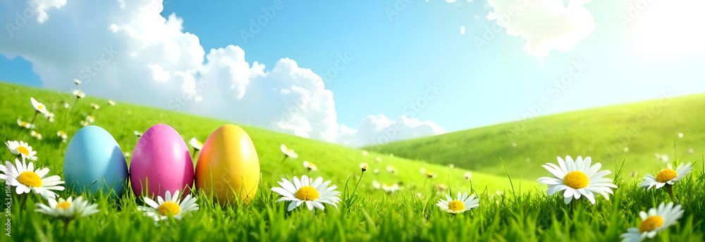 Vibrant Easter eggs rest in lush green grass, surrounded by cheerful daisies under a bright blue sky