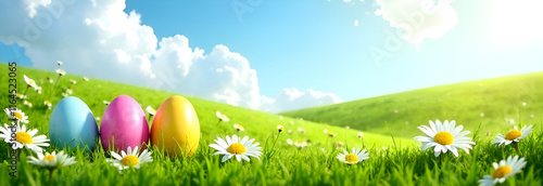 Obraz na płótnie Vibrant Easter eggs rest in lush green grass, surrounded by cheerful daisies under a bright blue sky w salonie