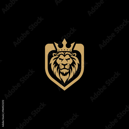 Royal lion logo mark design element. Abstract gold logo king crown icon. Bold lion animal shield symbol. Corporate business brand identity emblem. Vector illustration. photo