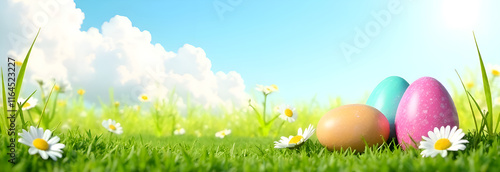 Obraz na płótnie Vibrant Easter eggs rest in lush green grass, surrounded by cheerful daisies under a bright blue sky w salonie