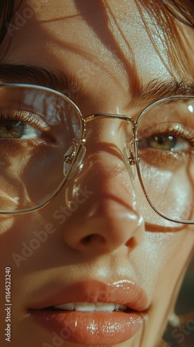 Close-up portrait of a young woman with freckles and glasses showcasing strik...