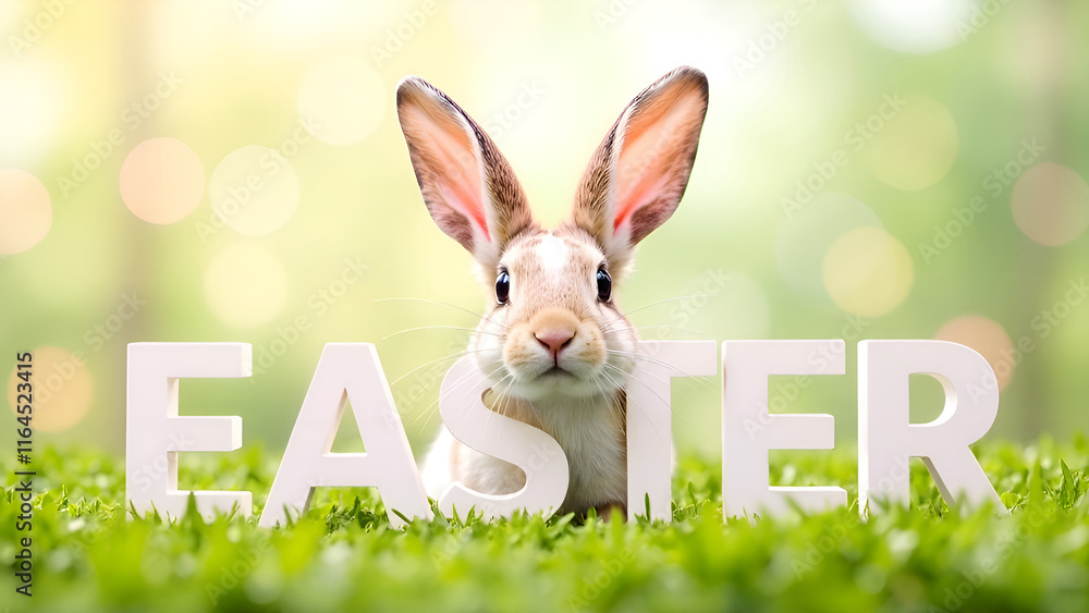 A charming Easter bunny surrounded by colorful eggs and blooming flowers in a vibrant spring setting and big letters Easter