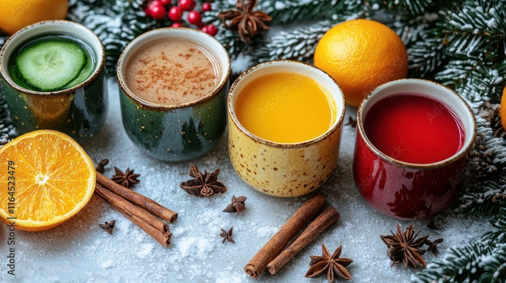 Four colorful festive winter drinks with spices and fruits. Four colorful festive winter drinks with spices and fruits.