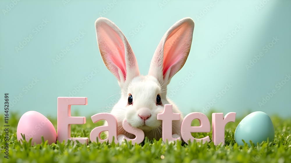 A charming Easter bunny surrounded by colorful eggs and blooming flowers in a vibrant spring setting and big letters Easter