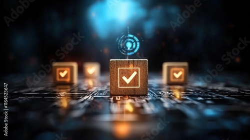 Strategies for Leadership, Profitability, and Business Goals concept. Digital checkboxes on a circuit board background with glowing effects. photo