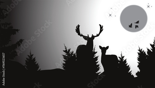 Realistic illustration of a forest, Two deer standing in coniferous forest under mountains , deciduous trees and deer under a blue morning, Male Stag Deer stock illustration.