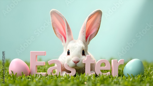 Obraz na płótnie A charming Easter bunny surrounded by colorful eggs and blooming flowers in a vibrant spring setting and big letters Easter w salonie