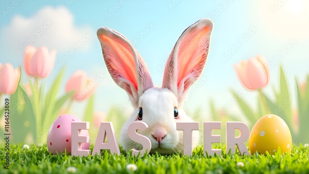 A charming Easter bunny surrounded by colorful eggs and blooming flowers in a vibrant spring setting and big letters Easter