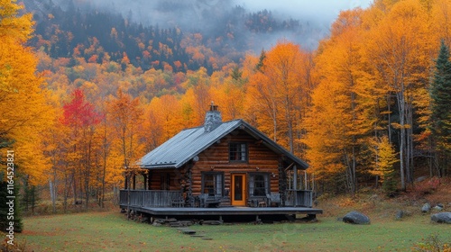 Cozy log cabin surrounded by vibrant autumn foliage in a mountainous region
