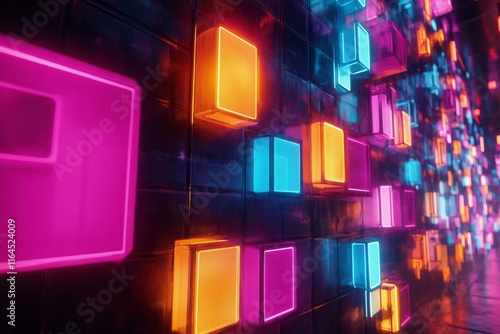 Vibrant abstract digital wall with colorful light patterns at night