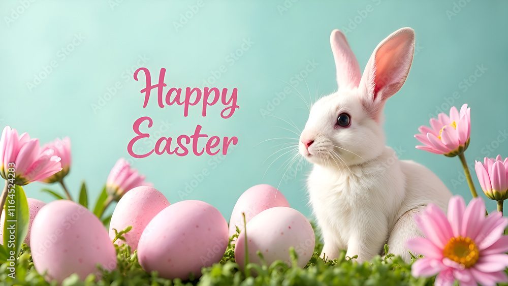A beautifully charming Easter scene featuring an adorable bunny nestled among colorful pastel eggs and blooming flowers
