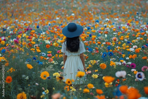 Girl in a white dress stands in a vibrant flower field under a blue hat