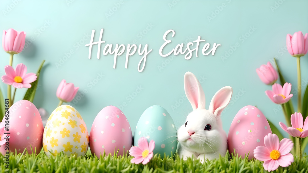 A beautifully charming Easter scene featuring an adorable bunny nestled among colorful pastel eggs and blooming flowers