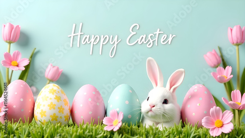 Obraz na płótnie A beautifully charming Easter scene featuring an adorable bunny nestled among colorful pastel eggs and blooming flowers w salonie