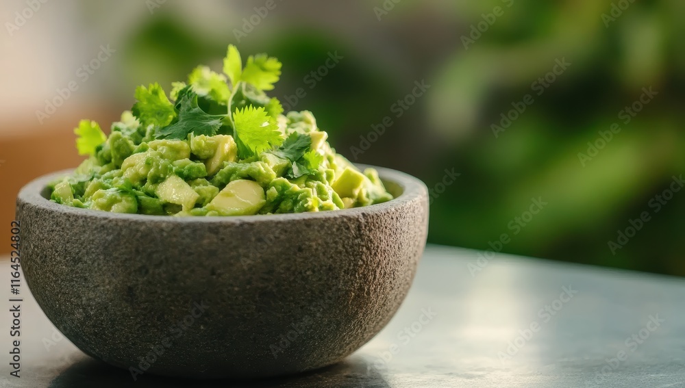 Fresh guacamole sauce in a rustic stone bowl bright green with chunks of avocado and cilantro Fresh guacamole sauce in a rustic stone bowl bright green with chunks of avocado and cilantro