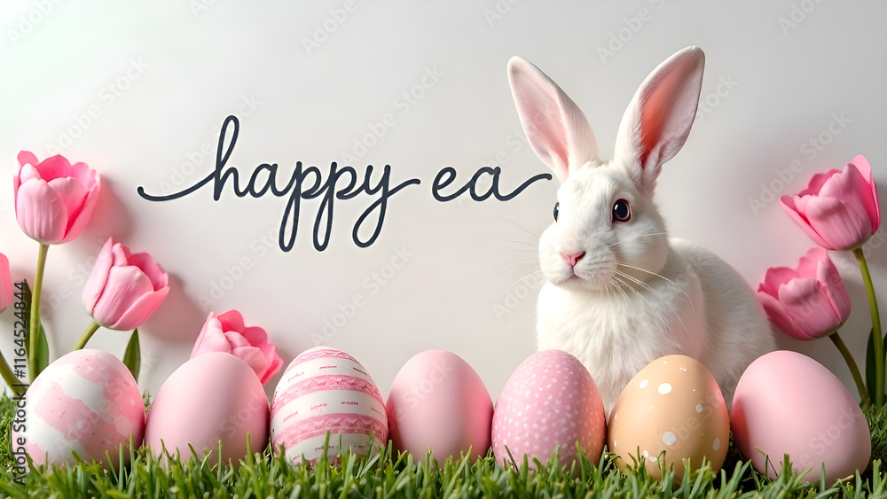 A beautifully charming Easter scene featuring an adorable bunny nestled among colorful pastel eggs and blooming flowers