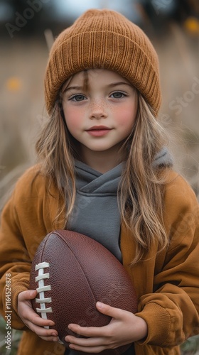 Young girl wearing a brown hat holding a football in a grassy field during au...