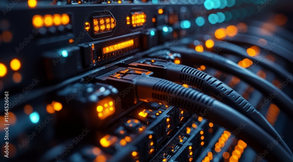 Naklejka premium Network cables connecting to a server rack in a data center during evening hours