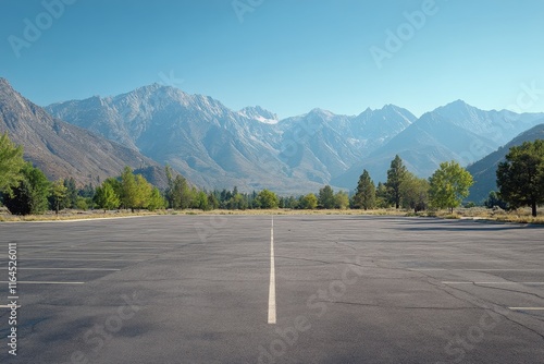 Stunning mountain landscape with an empty parking lot under clear blue sky