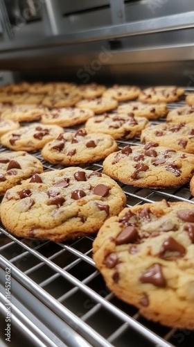 Delicious chocolate chip cookies cooling on a wire rack in a cozy kitchen atm...