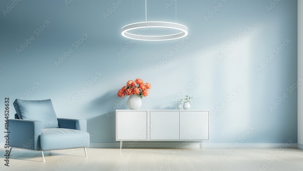 A chic room with soft pastel blue walls