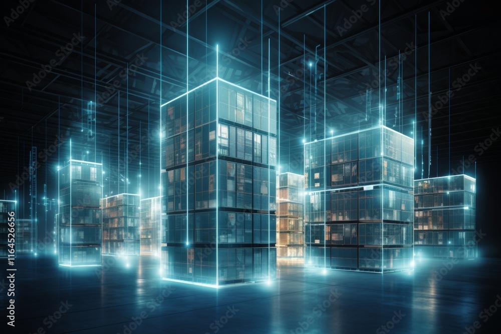 Innovative warehouse concept augmented reality enhancements with glowing lines and 3d models Innovative warehouse concept augmented reality enhancements with glowing lines and 3d models
